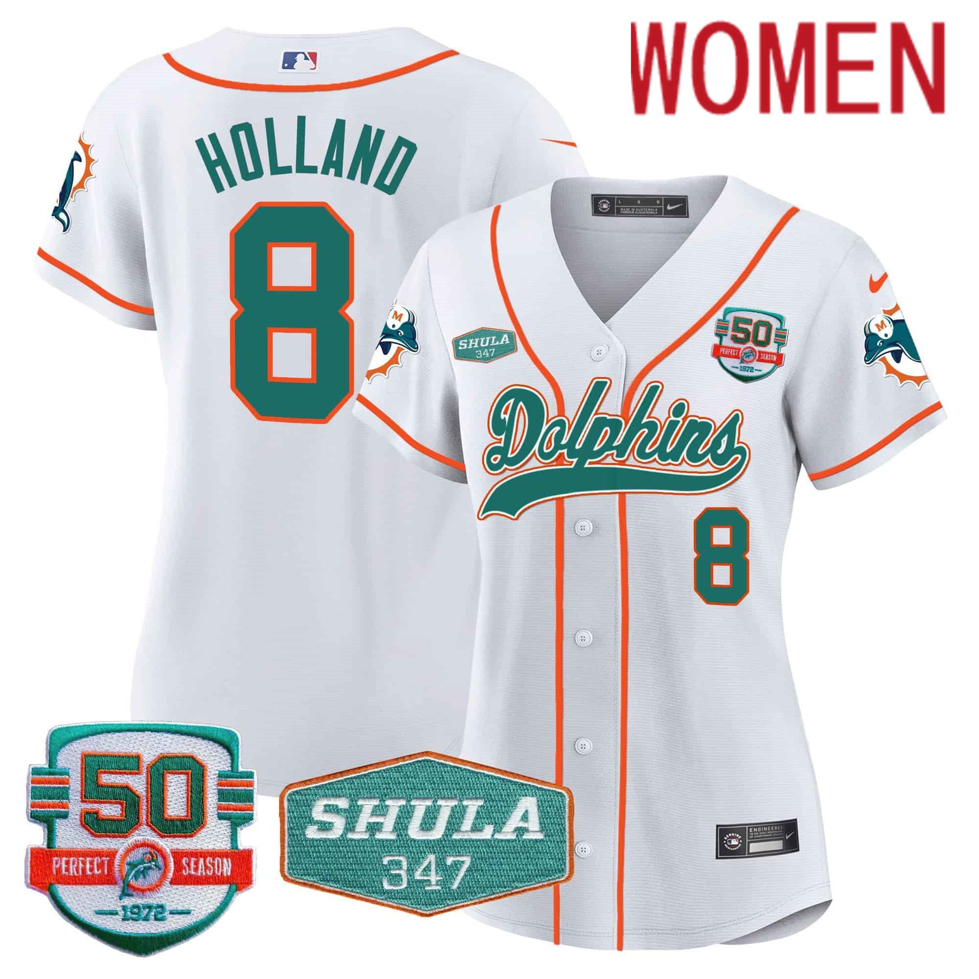 Women Miami Dolphins #8 Holland White 2024 Nike 50th Don Shula Memorial Patch Baseball NFL Jersey